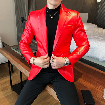 Men Casual Black White Suit Leather Jacket /Men Solid Color Business Suit Collar PU Blazers Dress Coat Fashion /New Men Clothing