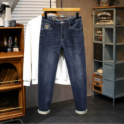 New Embroidery Fashion Straight Jeans Men Stretch Black Blue Slim Fit Pants Comfortable Business Denim Trousers