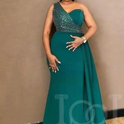IOOISUN Customized Emerald Green Satin Bridesmaid Dress Beaded One Shoulder Wedding Party Gown Long Fomal Party Dresses