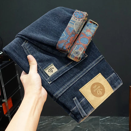 New Embroidery Fashion Straight Jeans Men Stretch Black Blue Slim Fit Pants Comfortable Business Denim Trousers