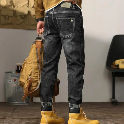 Trendy Embroidered Slim Fit Men's Jeans Spring Autumn New Style Zipper Long Casual Pants Youth Versatile Wear Resistant