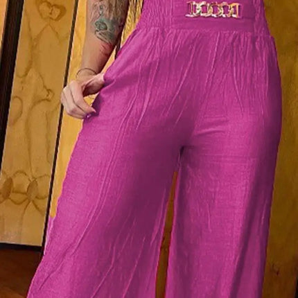 Women's High Waist Wide Leg Pants, Elegant Chain Decor, Black Trousers, Casual Clothes, White, Summer