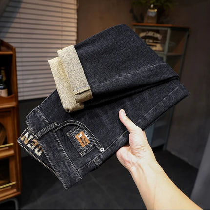 New Embroidery Fashion Straight Jeans Men Stretch Black Blue Slim Fit Pants Comfortable Business Denim Trousers