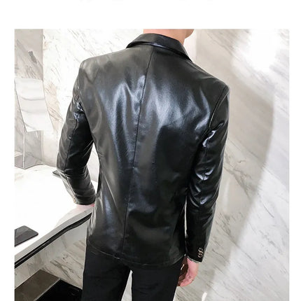 Men Casual Black White Suit Leather Jacket /Men Solid Color Business Suit Collar PU Blazers Dress Coat Fashion /New Men Clothing