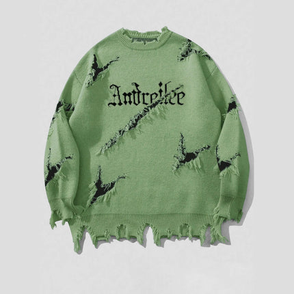 2025 New Men Distressed Sweater Hip Hop Pullover Vintage Casual Knitwear Top Streetwear Fashion Autumn Winter
