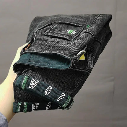 New High Quality Korean Luxury Slim Fit Denim Jeans with Letter Printed Design for Men Washed Streetwear Casual Cotton Trousers