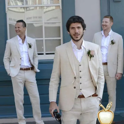 3 piece Linen Summer Men Suits for Wedding Groom Tuxedos 2026 Casual Beach Custom Man Suit Set Jacket Vest with Pants Man Fahion