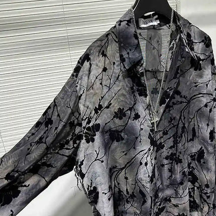 Spring Thin Original Design Trendy Men's Hollow out Iron Free Loose Handsome Shirt Vintage Printed Casual Shirt