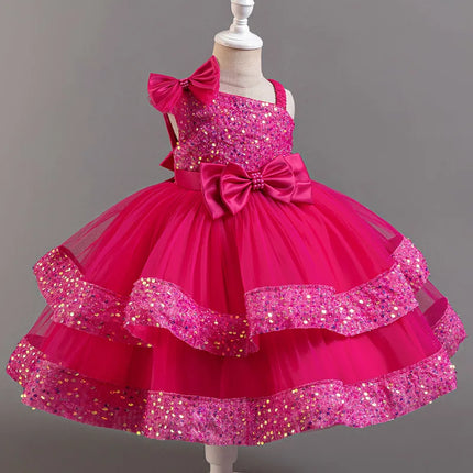 Girl's New Sequined Bow Irregular Collar Mesh Princess Dress Christmas Birthday Party Sweet and Cute Evening Dress