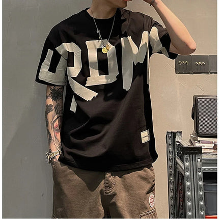 2025 Summer Casual All-match Trend Korean Fashion Short Sleeve Round Neck Solid Color Letter Printed Loose Fashion Youth T-shirt