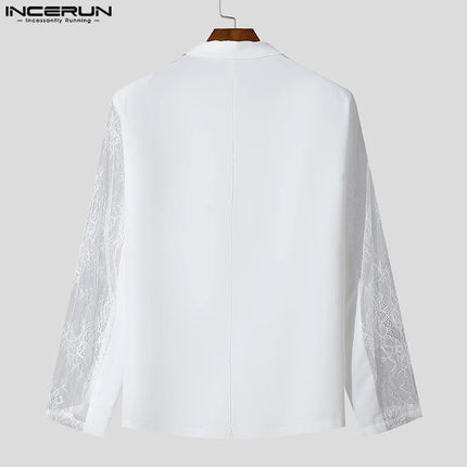 Fashion Casual Style Tops INCERUN New Mens Perspective Lace Splicing Design Suit Coats Male Solid Long Sleeved Blazer S-5XL 2025