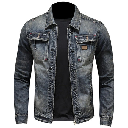 Vintage Denim Jacket With Zip Stand Up Cotton Slim Fit Denim Coat Jeans Jacket ClassicFor Men