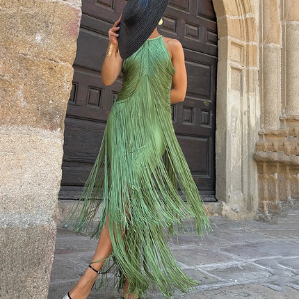 Elegant Halter Tassel Long Dress Women Fashion Hight Waist Slim Neck Hollow Solid Dress Cocktail Robe Sexy Fashion Evening Gown