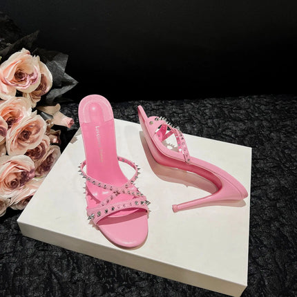 New white high-heeled cool mop with red sole, rivet cross strap, women's pointed toe party essential fashion women's shoes