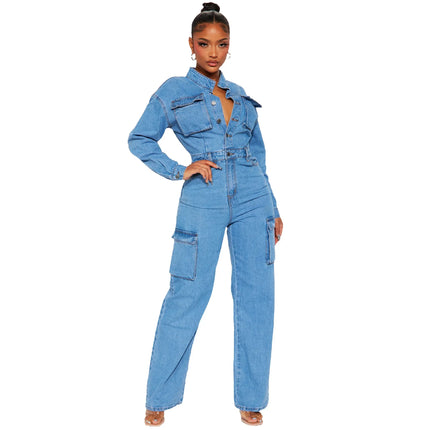 Women's New Autumn and Winter Fashion Elastic Organ Bag Wash Denim Jumpsuit Stand Collar Long Sleeve Denim Bell Bottoms Overalls
