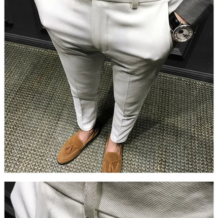 Spring Autumn Men's Slim Fit Korean Style Suit Pants Casual Nine Point Length Trendy White Pants For Office Wear