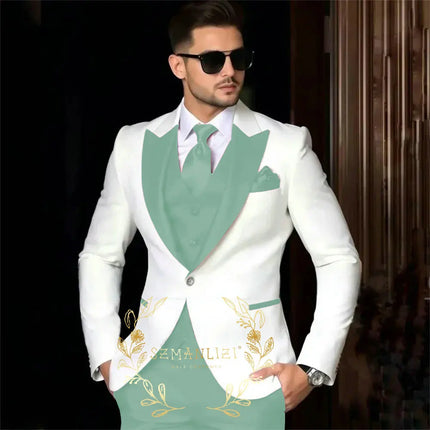 Luxury Men's Suits For Wedding Peak Lapel Slim Fit 3 Piece White Jacket Burgundy Pants Vest Formal Male Clothing Costume Homme