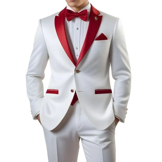 Customized White Men Suits Single Breasted Red Notch Lapel Slim Fit Male Clothing High Quality Wedding 2 Piece Jacket Pants 2025