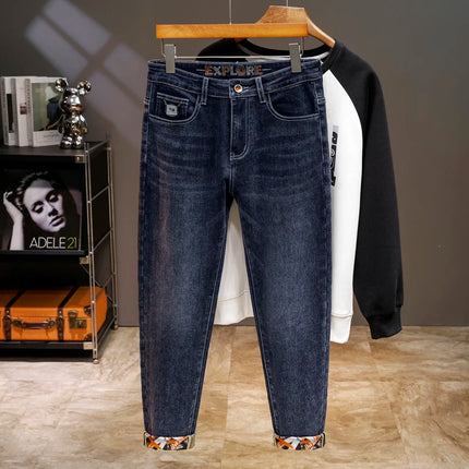 Spring Edition Men's Jeans mid Waist Straight Leg Faion Urban Sle Elastic Waist Micro Stretch Snowflake Waed