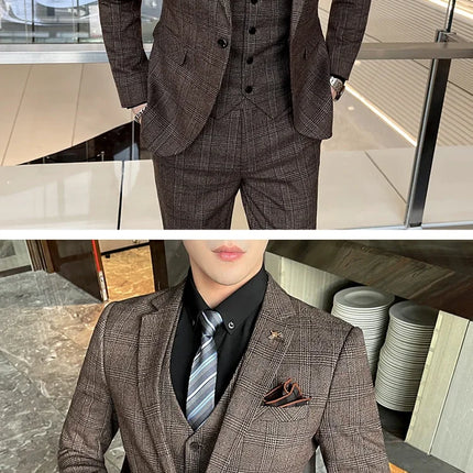 Checkered Suit (Blazer+Vest+Pants) Men's Fashion Hosting Work Business Wedding Casual Linen Art Style Elegant Gentleman's Suit