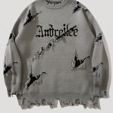 2025 New Men Distressed Sweater Hip Hop Pullover Vintage Casual Knitwear Top Streetwear Fashion Autumn Winter