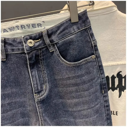 Summer Men's Slim Fit Jeans Thin Trendy Loose Straight Leg Elastic Nine Point Pants Versatile Casual Straight Cut Jeans