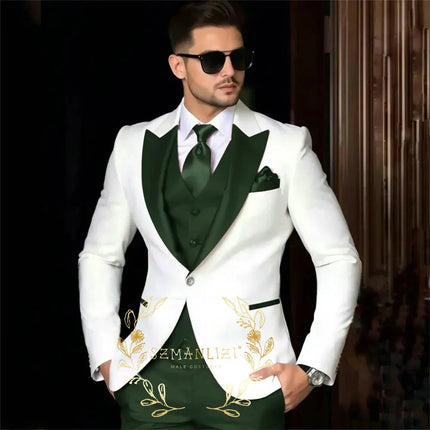 Luxury Men's Suits For Wedding Peak Lapel Slim Fit 3 Piece White Jacket Burgundy Pants Vest Formal Male Clothing Costume Homme