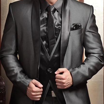 Shiny Grey Men Suits With Embroidery Groomsmen Groom Tuxedos Wedding Best Blazer Sets 3 Pieces (Jacket+Pants+Vest) Costume Homme