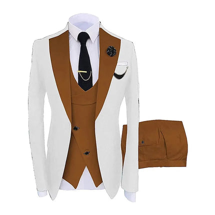 Men Three Piece Suit Sets Turn Down Collar Full Sleeve Blazers Vest Long Pants Slim Fit Ensemble Banquet Evening Splice Spring