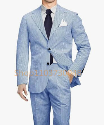 Casual Men's Seersucker Suit Streetwear Elegant Fashion Popular Men Clothes Uniform Blue Striped Well Fitting Formal Blazer Pant