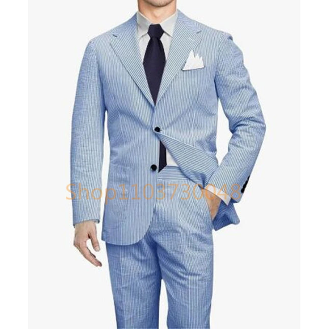 Casual Men's Seersucker Suit Streetwear Elegant Fashion Popular Men Clothes Uniform Blue Striped Well Fitting Formal Blazer Pant