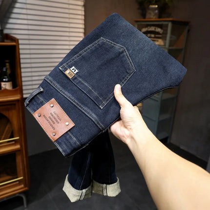 New Embroidery Fashion Straight Jeans Men Stretch Black Blue Slim Fit Pants Comfortable Business Denim Trousers