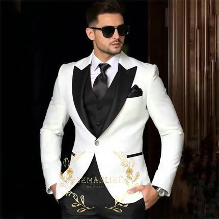 Luxury Men's Suits For Wedding Peak Lapel Slim Fit 3 Piece White Jacket Burgundy Pants Vest Formal Male Clothing Costume Homme