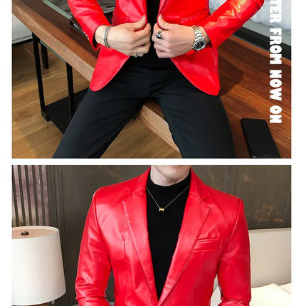 Men Casual Black White Suit Leather Jacket /Men Solid Color Business Suit Collar PU Blazers Dress Coat Fashion /New Men Clothing