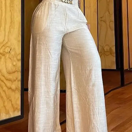 Women's High Waist Wide Leg Pants, Elegant Chain Decor, Black Trousers, Casual Clothes, White, Summer