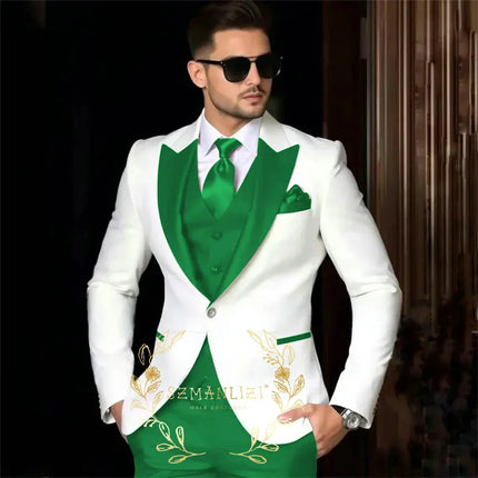 Luxury Men's Suits For Wedding Peak Lapel Slim Fit 3 Piece White Jacket Burgundy Pants Vest Formal Male Clothing Costume Homme