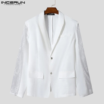 Fashion Casual Style Tops INCERUN New Mens Perspective Lace Splicing Design Suit Coats Male Solid Long Sleeved Blazer S-5XL 2025