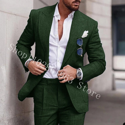 2023 White Linen Suits For Men Slim Fit Peak Lapel 2 Pieces Best Men Groom Wear Wedding Tuxedos Blazer+Pants Trajes De Hombre