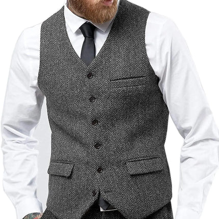 Mens Suit Vest Retro Tweed Wool Regular Fit Waistcoat Herringbone for Jacket Men's Suits Vest