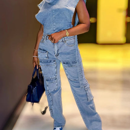 Multi Pockets Jeans Cargo Pants Sexy Women High Waist Elegant Streetwear Denim Casual Straight Trousers