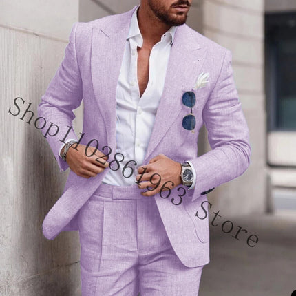 2023 White Linen Suits For Men Slim Fit Peak Lapel 2 Pieces Best Men Groom Wear Wedding Tuxedos Blazer+Pants Trajes De Hombre