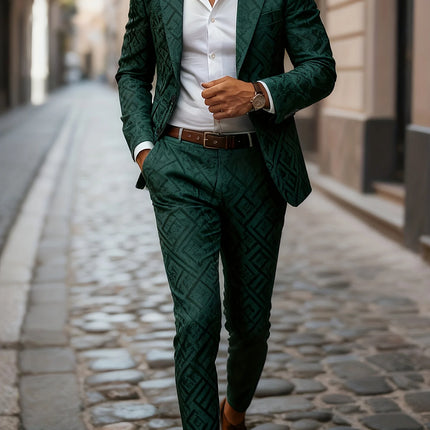 European American Style Men's Business Suit Set Two-Piece Suit Trousers Retro Green Color-Block Plaid Print