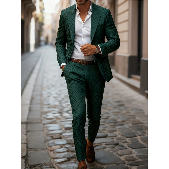 European American Style Men's Business Suit Set Two-Piece Suit Trousers Retro Green Color-Block Plaid Print