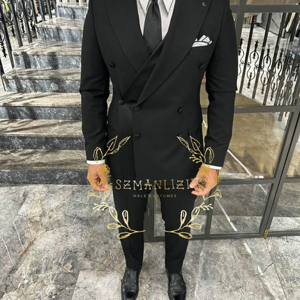 Black Men's Suit 2 Piece Double Breasted Jacket Pants Formal Wedding Groom Tuxedo Peaked Lapel Blazer Customized Men's Suit