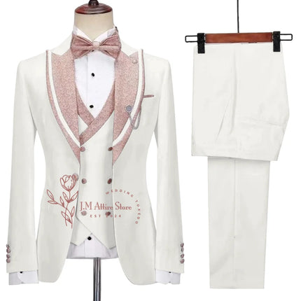 Stylish Men's Suit 3-piece Set Jacket Vest Pants White Slim Fit Pink Shinny Peak Lapel Blazer Wedding Prom Party Custom Tuxedo