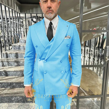 Black Men's Suit 2 Piece Double Breasted Jacket Pants Formal Wedding Groom Tuxedo Peaked Lapel Blazer Customized Men's Suit