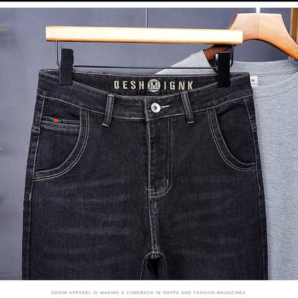 Male Denim Straight High Street Trousers Casual Men Fashion Elastic Waist Vintage Pant Spring Ripped Soft Stretch Slim Fit Jeans