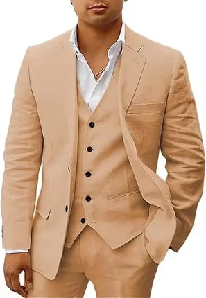 3 piece Linen Summer Men Suits for Wedding Groom Tuxedos 2026 Casual Beach Custom Man Suit Set Jacket Vest with Pants Man Fahion