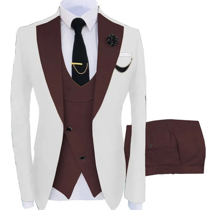 Men Three Piece Suit Sets Turn Down Collar Full Sleeve Blazers Vest Long Pants Slim Fit Ensemble Banquet Evening Splice Spring