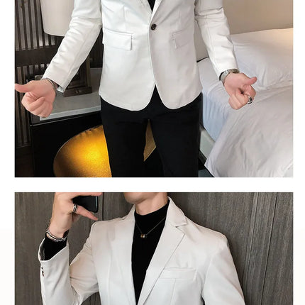 Men Casual Black White Suit Leather Jacket /Men Solid Color Business Suit Collar PU Blazers Dress Coat Fashion /New Men Clothing